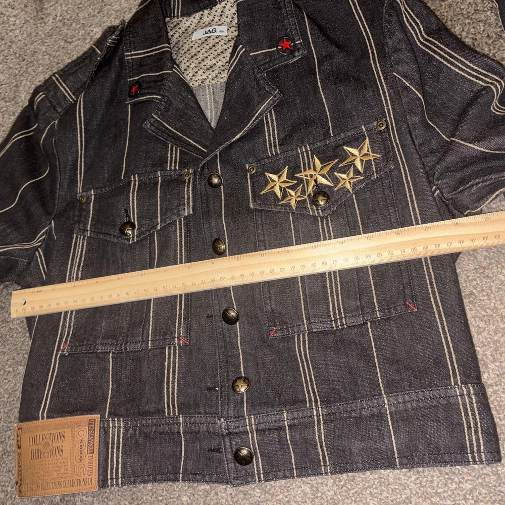 Vintage Y2K Jag Jacket Womens Black Striped Denim Star Embroidered Cropped - Picture 6 of 14